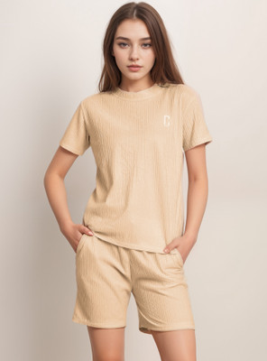 Stem Rope Women Solid Beige Top & Shorts Set