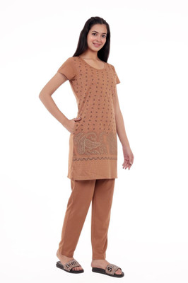 Clint Women Printed, Solid Beige Top & Pyjama Set