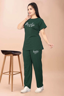 S4v Women Printed Green Night Suit Set