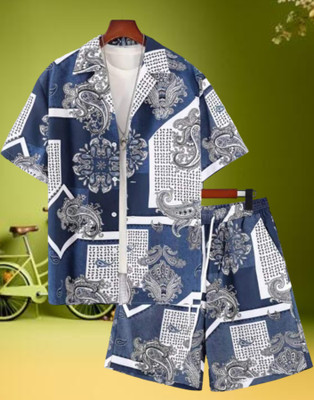 Varni Creation Men Printed Dark Blue Top & Shorts Set