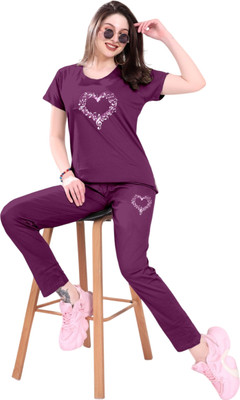 Kiswa Women Solid Purple Top & Pyjama Set