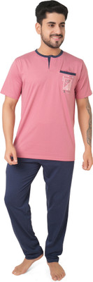 INTER CREATION Men Solid Pink, Blue Top & Pyjama Set