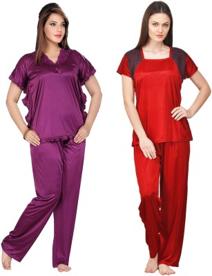 ROWENA Women Solid Purple, Maroon Top & Pyjama Set