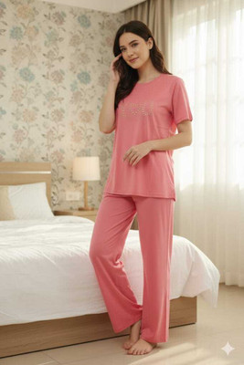Om Traders Women Solid Pink Night Suit Set