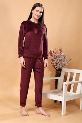 MADFROG Women Solid Purple Night Suit Set