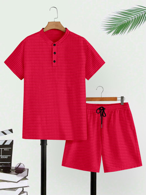 M7 By Metronaut Men Self Design Red Night Suit Set