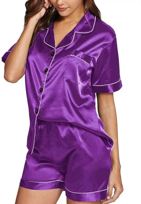 Vd hub Women Solid Purple Night Suit Set