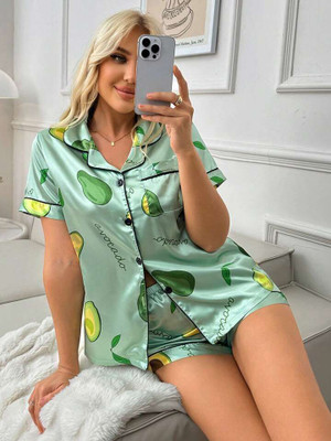 CTFASHION Girls Printed Green Night Suit Set
