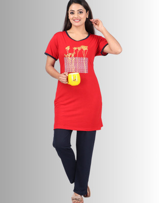 urban trees Women Printed Dark Blue Top & Pyjama Set