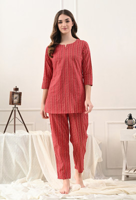 zivsy Women Printed Maroon Night Suit Set