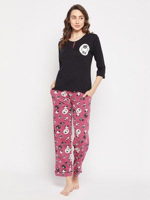 Clovia Women Printed Black Top & Pyjama Set