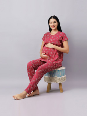 DZZO Women Printed Red Top & Pyjama Set