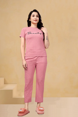 PTELRA Women Printed Pink Night Suit Set