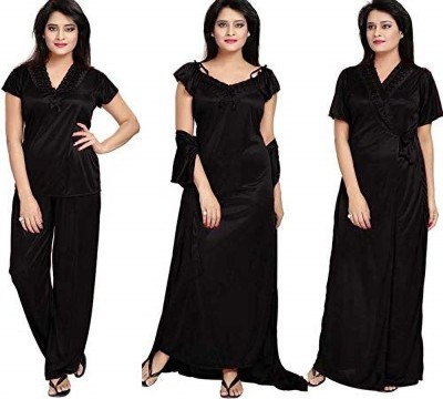 Favitery Women Solid Black Night Suit Set