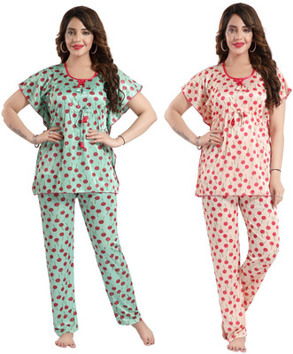 Color Magic Women Printed Green, Pink Top & Pyjama Set