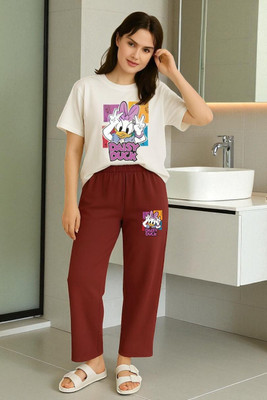 Elvia Women Printed Maroon Top & Pyjama Set