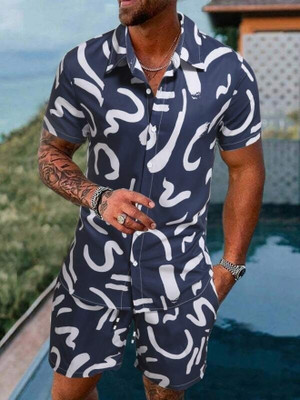 GLORI STAR Men Printed Blue Night Suit Set