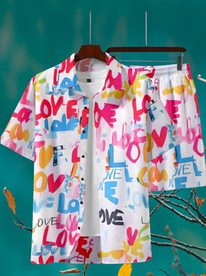 THEBROSSCO Men Floral Print Multicolor Top & Shorts Set