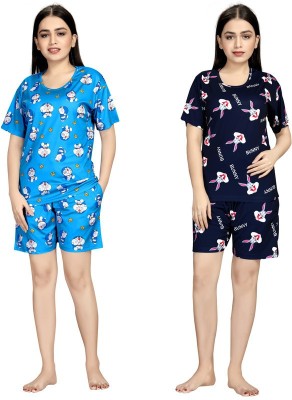 ANFAFAB Women Printed Multicolor Top & Shorts Set