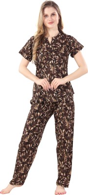 Playloungewear Women Printed Brown Top & Pyjama Set