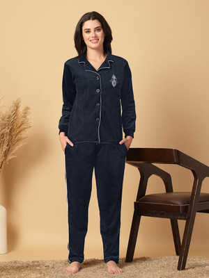 Fabinaliv Women Solid Blue Night Suit Set