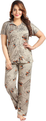 h r creation Women Printed Brown Shirt & Pyjama set