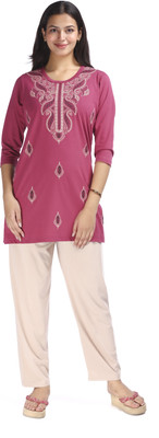 E-MAX Women Printed Pink, Beige Top & Pyjama Set