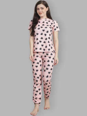 Fabflee Women Printed Pink Top & Pyjama Set