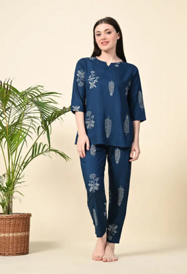 HouseOfCommon Women Floral Print Blue Night Suit Set