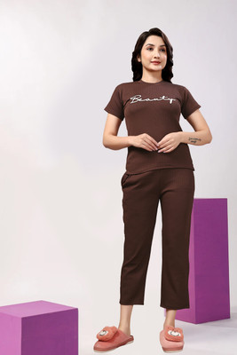 PTELRA Women Solid Brown Night Suit Set