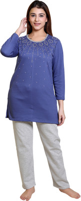 DG Divine Women Printed, Solid Blue Top & Pyjama Set