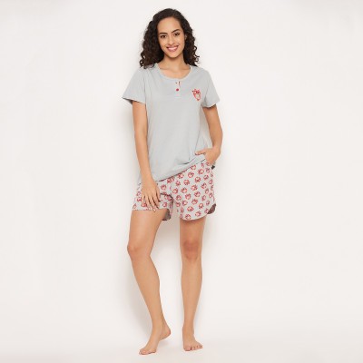 Clovia Women Printed Grey Top & Shorts Set