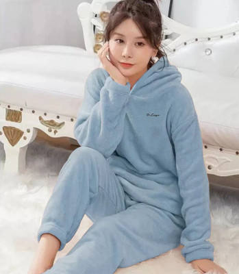 PKF Women Solid Blue Night Suit Set