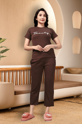 Indoce Sales Women Embroidered, Solid Brown Night Suit Set