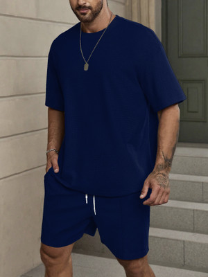Vogaan Men Self Design Blue Top & Shorts Set