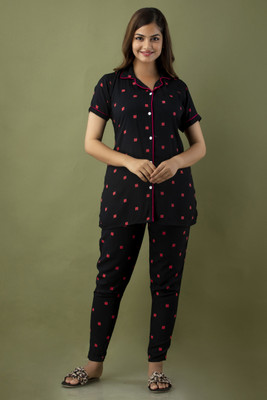 METRONAUT Women Printed Black Night Suit Set