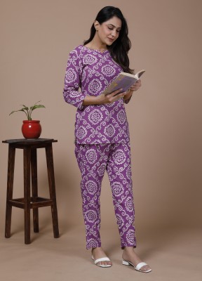 HANDISH Women Printed Purple Night Suit Set