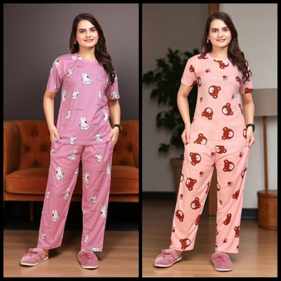 FASHION GREAB Women Printed Pink Top & Pyjama Set