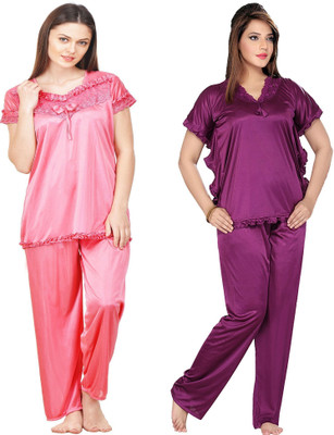 ROWENA Women Solid Purple, Pink Top & Pyjama Set