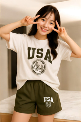 Elvia Women Printed Green, White Top & Shorts Set