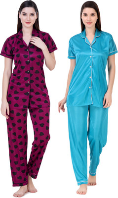 KV2 Women Solid, Printed Blue, Maroon Night Suit Set
