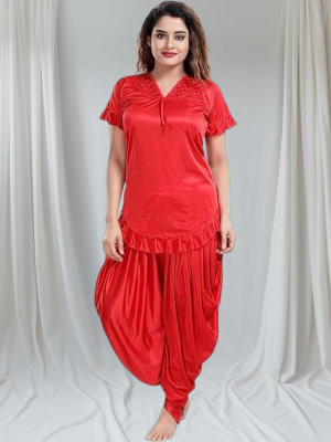 Mad Venom Women Embroidered Red Night Suit Set