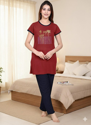 NATRIS Women Printed Maroon, Dark Blue Top & Pyjama Set
