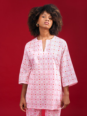 NOITE LUXE Women Printed, Checkered, Self Design Pink Top & Pyjama Set