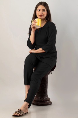 TUHINZIFAB Women Solid Black Night Suit Set