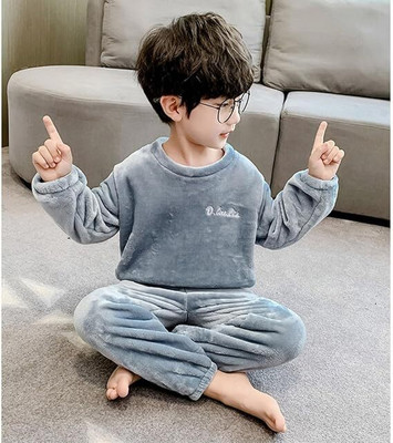 Keenuu Kids Nightwear Baby Boys Solid Fleece Blend(Grey Pack of 1)