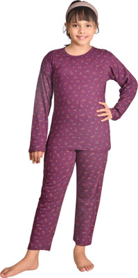IndiWeaves Girls Printed Maroon Night Suit Set