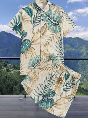 SHIVFORYOU Men Printed Beige, Light Green Top & Shorts Set