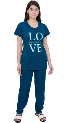 E-MAX Women Printed Blue Top & Pyjama Set