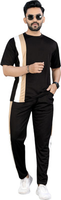 NISPRUH Men Self Design Black Night Suit Set